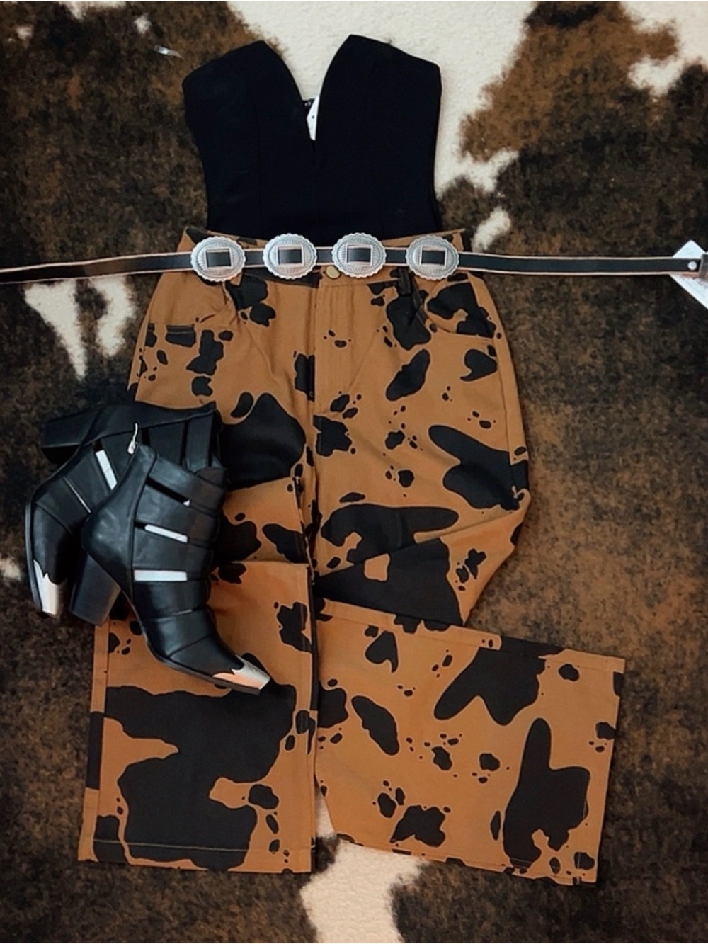 Wide-Leg Jumpsuit with Brown & Black Abstract Print